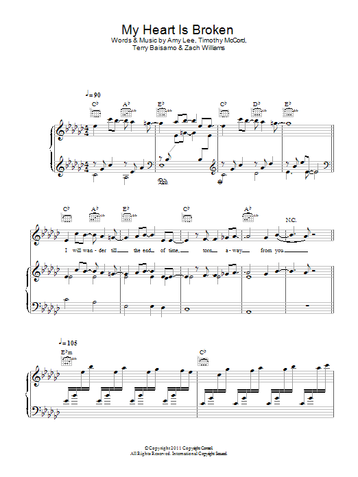 Evanescence My Heart Is Broken sheet music notes and chords arranged for Piano, Vocal & Guitar Chords