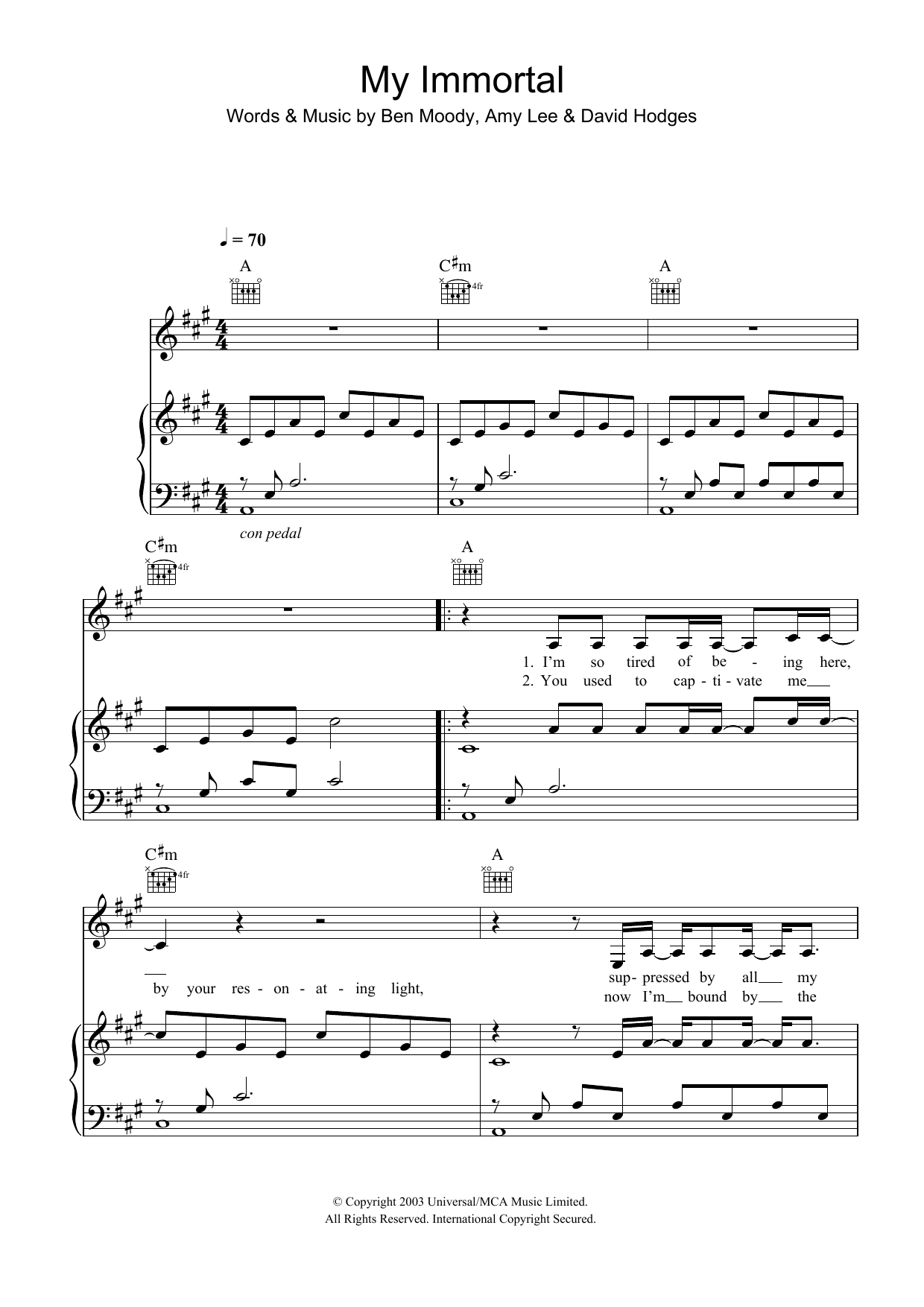 Evanescence My Immortal sheet music notes and chords arranged for Piano, Vocal & Guitar Chords (Right-Hand Melody)