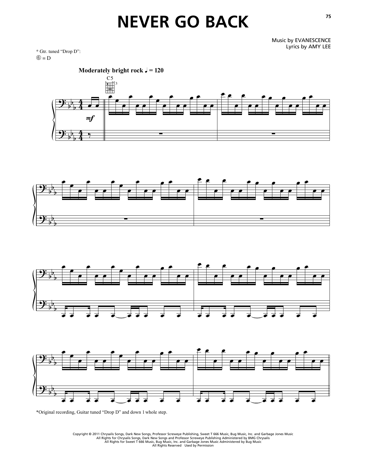 Evanescence Never Go Back sheet music notes and chords arranged for Piano, Vocal & Guitar Chords (Right-Hand Melody)