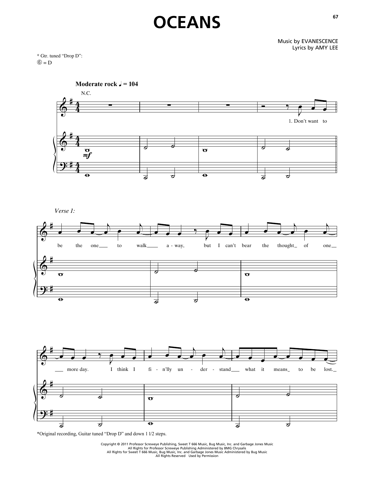 Evanescence Oceans sheet music notes and chords arranged for Piano, Vocal & Guitar Chords (Right-Hand Melody)