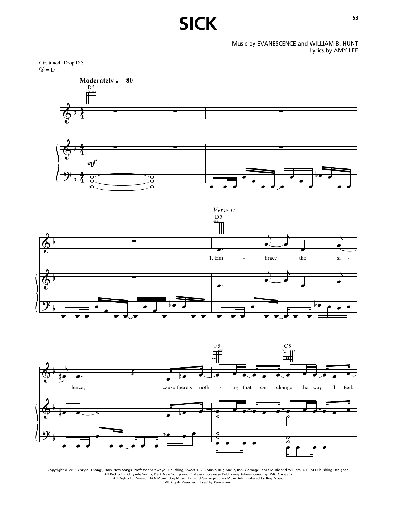 Evanescence Sick sheet music notes and chords arranged for Piano, Vocal & Guitar Chords (Right-Hand Melody)