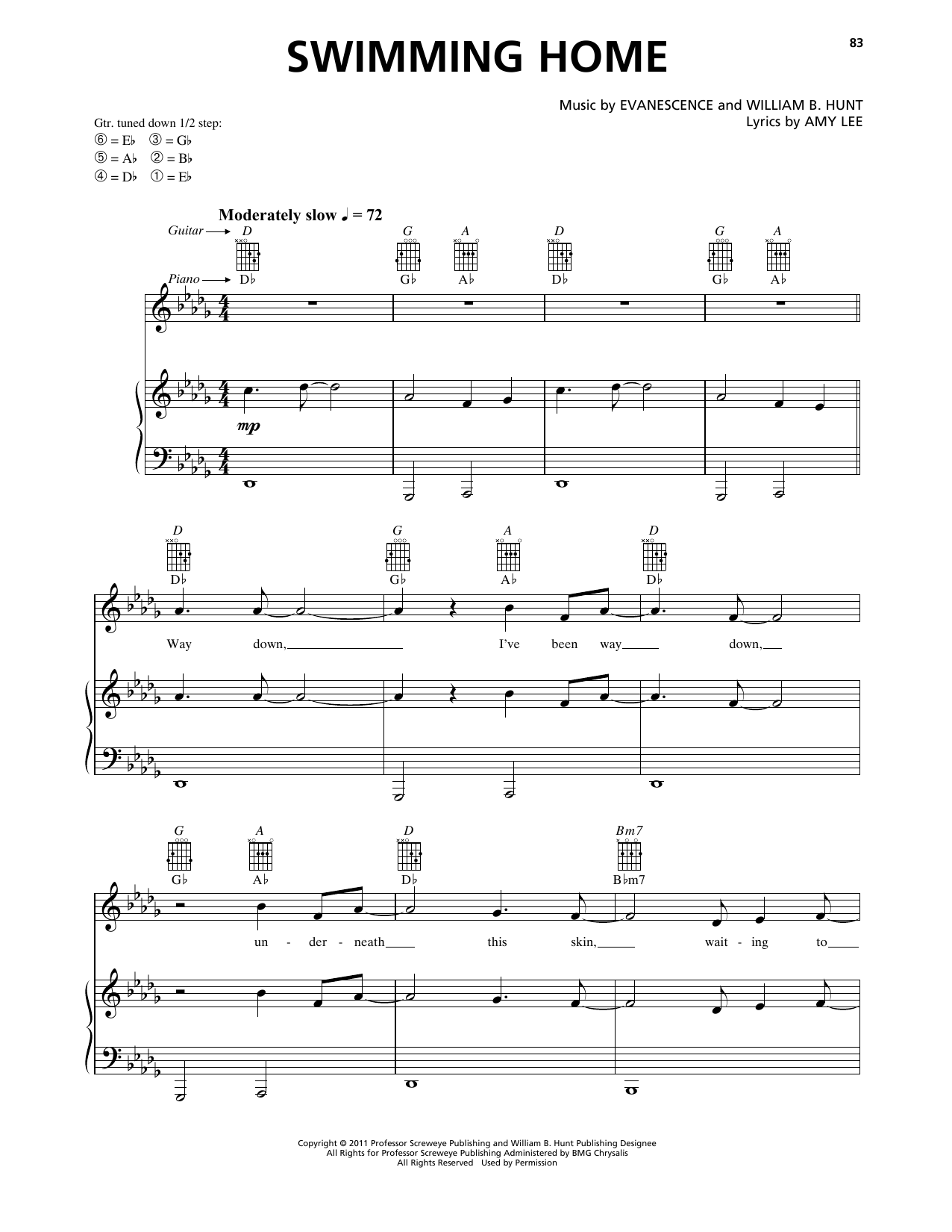 Evanescence Swimming Home sheet music notes and chords arranged for Piano, Vocal & Guitar Chords (Right-Hand Melody)
