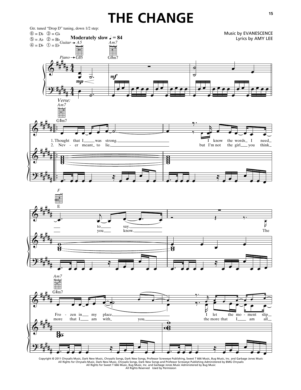 Evanescence The Change sheet music notes and chords arranged for Piano, Vocal & Guitar Chords (Right-Hand Melody)