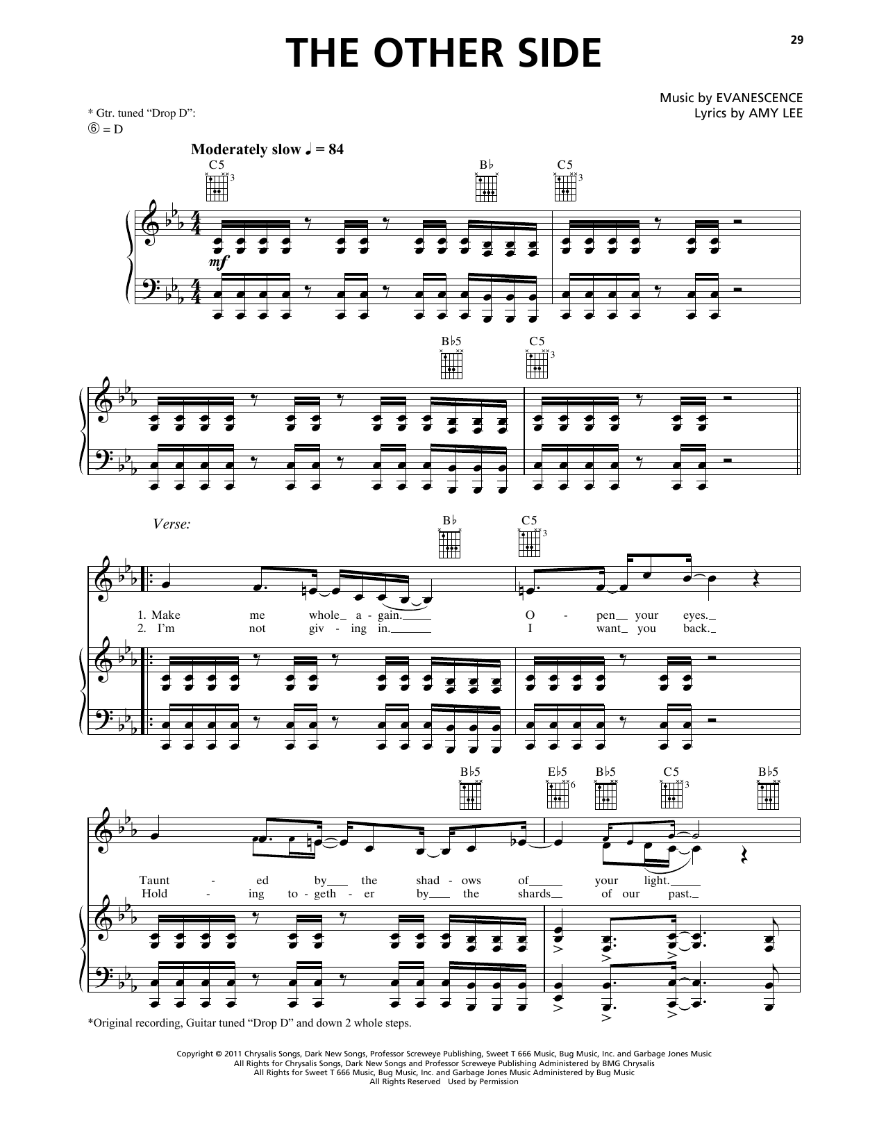 Evanescence The Other Side sheet music notes and chords arranged for Piano, Vocal & Guitar Chords (Right-Hand Melody)