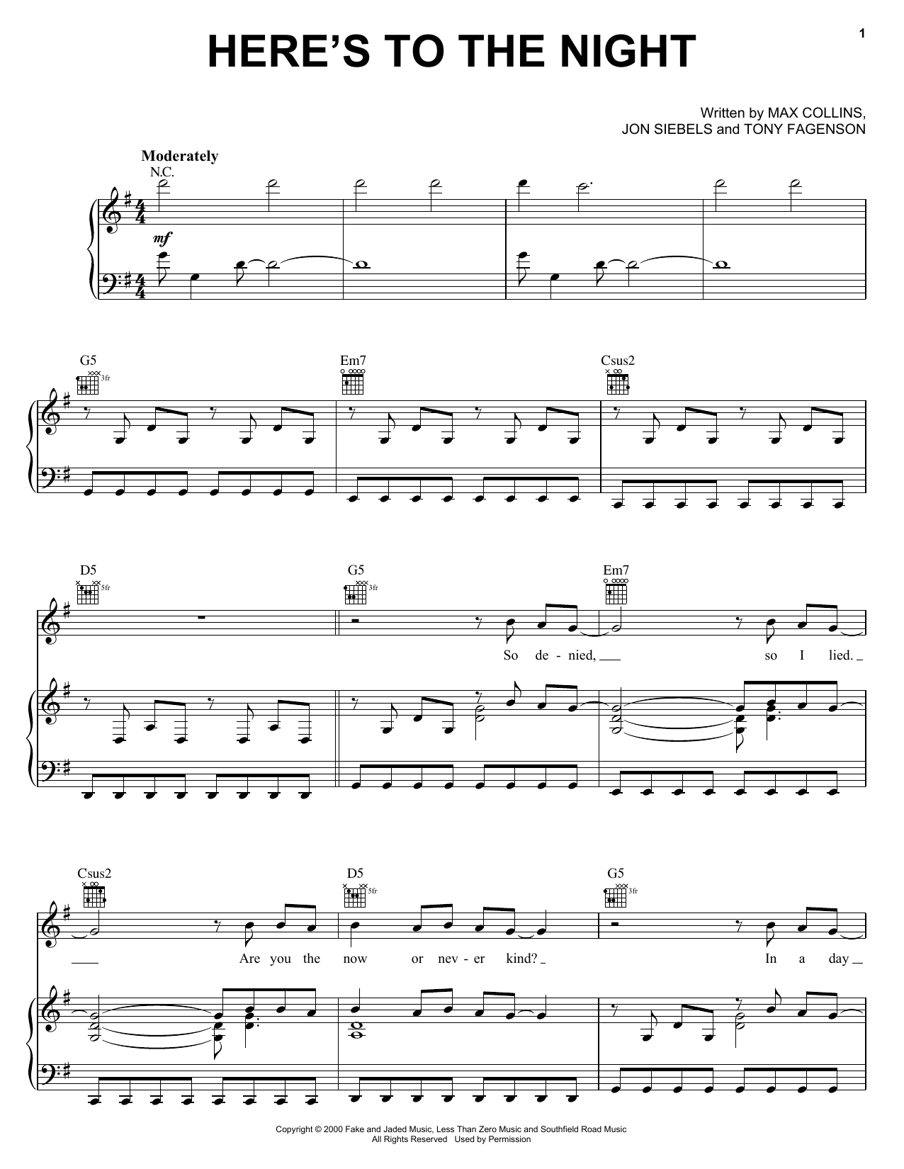 Eve 6 Here's To The Night sheet music notes and chords arranged for Piano, Vocal & Guitar Chords (Right-Hand Melody)
