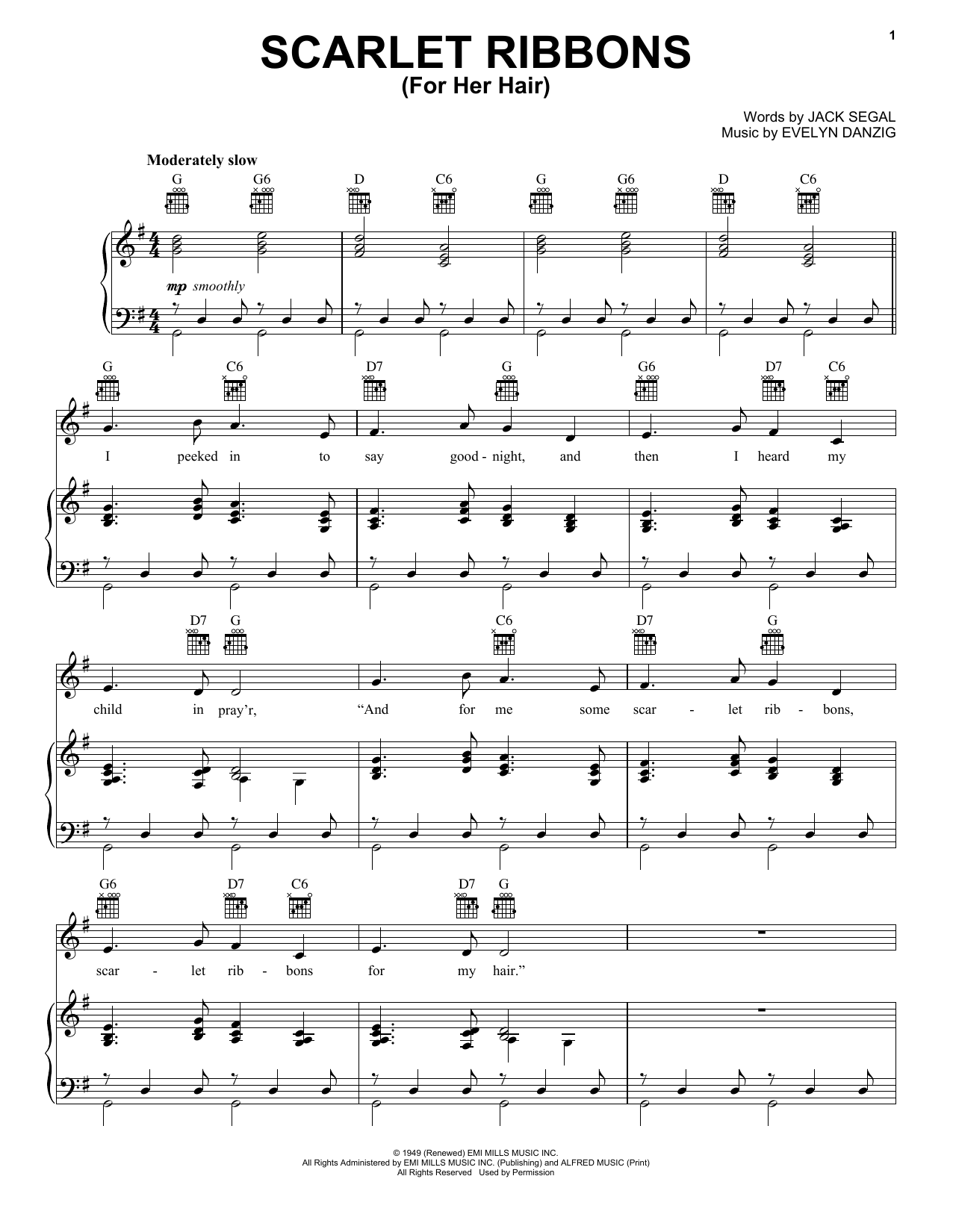Evelyn Danzig Scarlet Ribbons (For Her Hair) sheet music notes and chords arranged for Piano, Vocal & Guitar Chords (Right-Hand Melody)