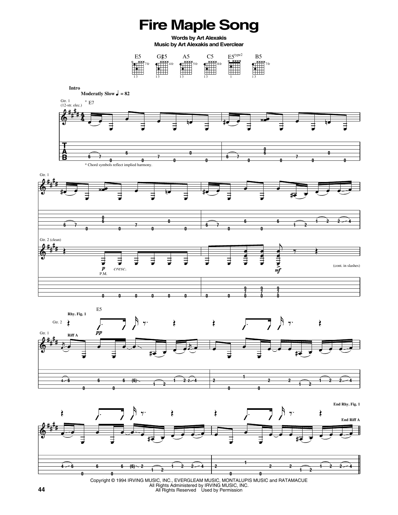 Everclear Fire Maple Song sheet music notes and chords arranged for Guitar Tab