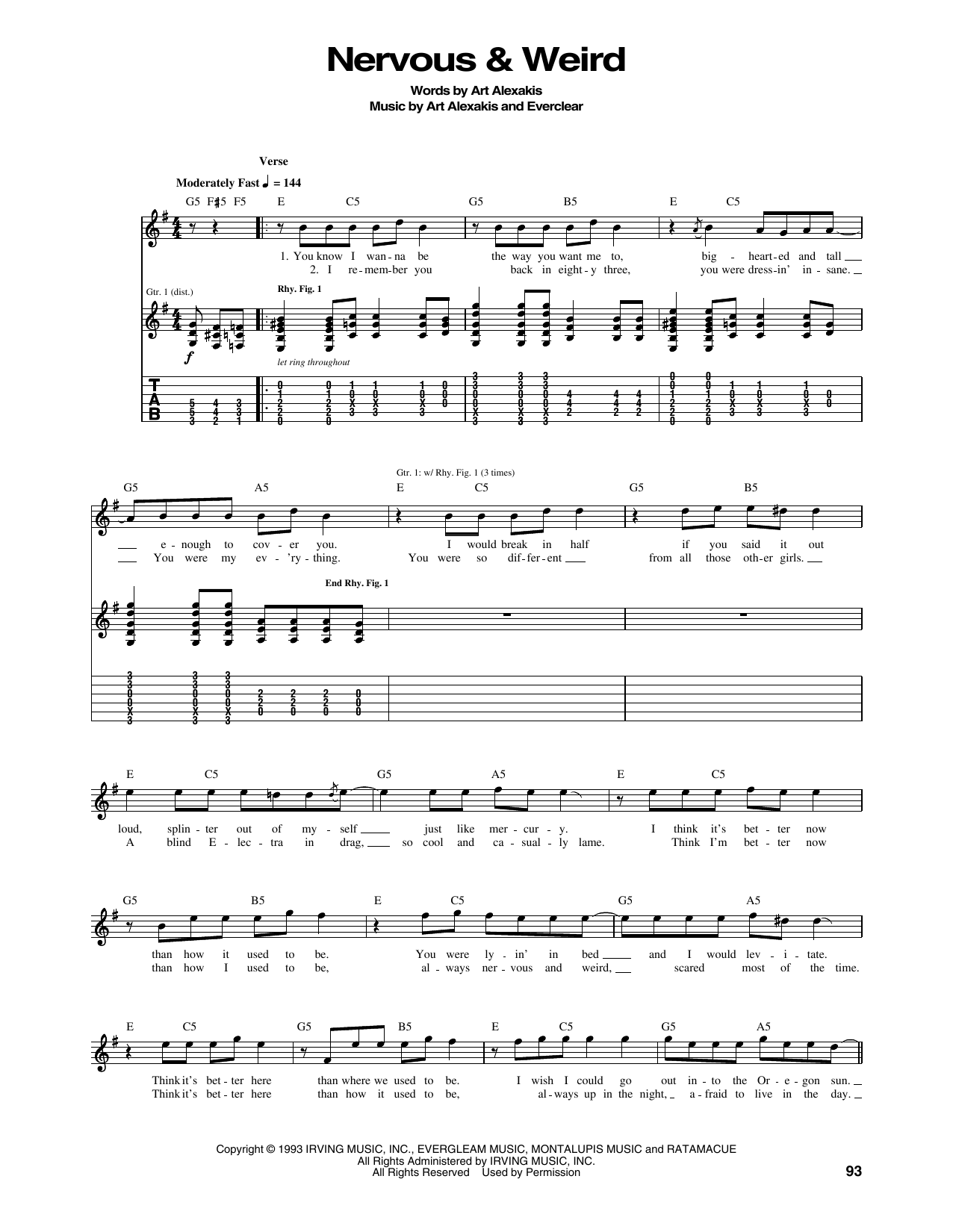 Everclear Nervous & Weird sheet music notes and chords arranged for Guitar Tab