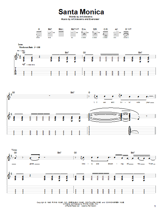 Everclear Santa Monica sheet music notes and chords arranged for Easy Guitar