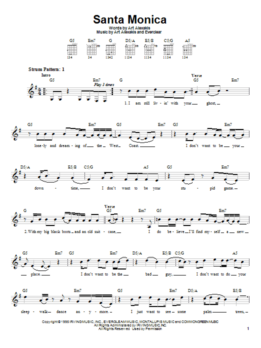 Everclear Santa Monica sheet music notes and chords arranged for Guitar Lead Sheet