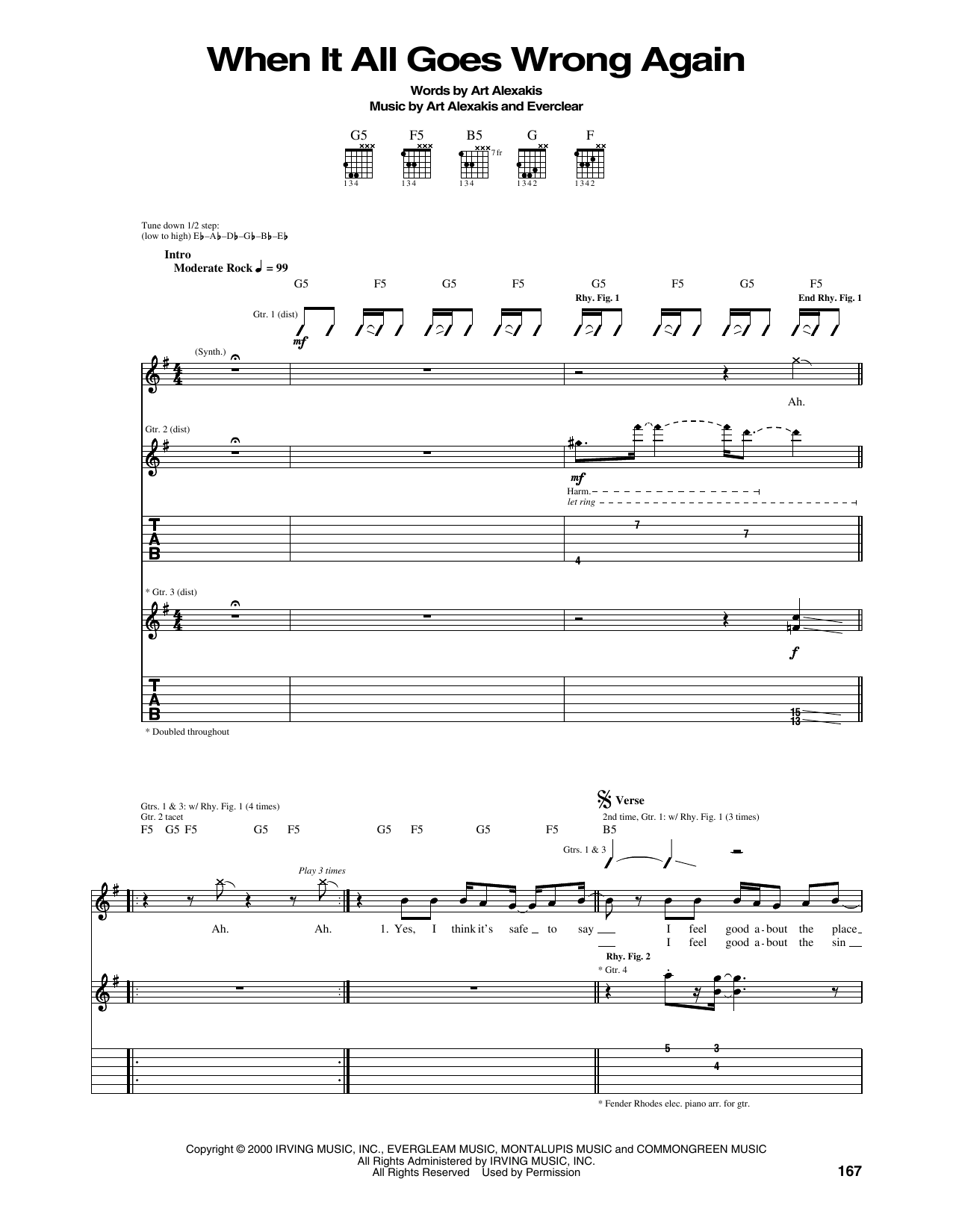 Everclear When It All Goes Wrong Again sheet music notes and chords arranged for Guitar Tab