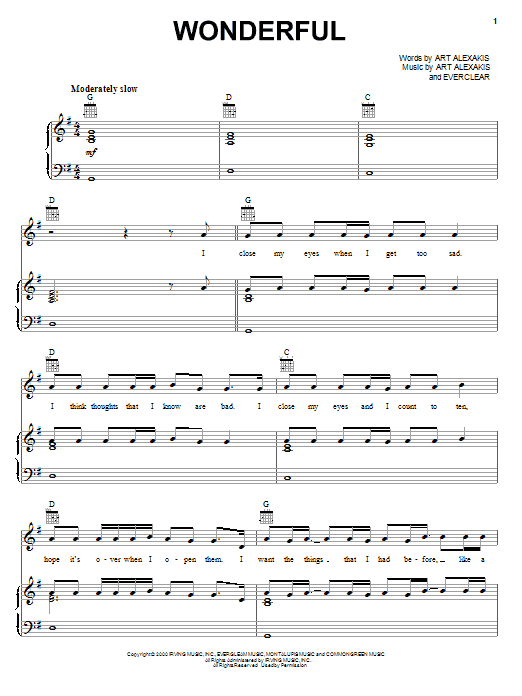 Everclear Wonderful sheet music notes and chords arranged for Piano, Vocal & Guitar Chords (Right-Hand Melody)