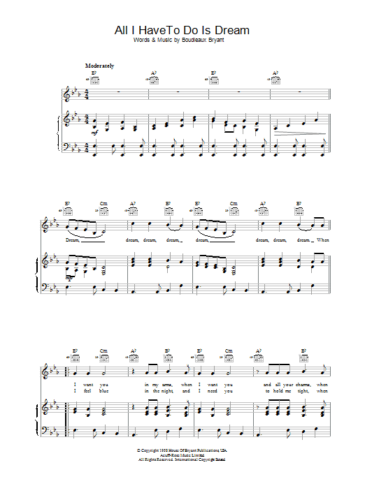 Everly Brothers All I Have To Do Is Dream sheet music notes and chords arranged for Piano, Vocal & Guitar Chords (Right-Hand Melody)
