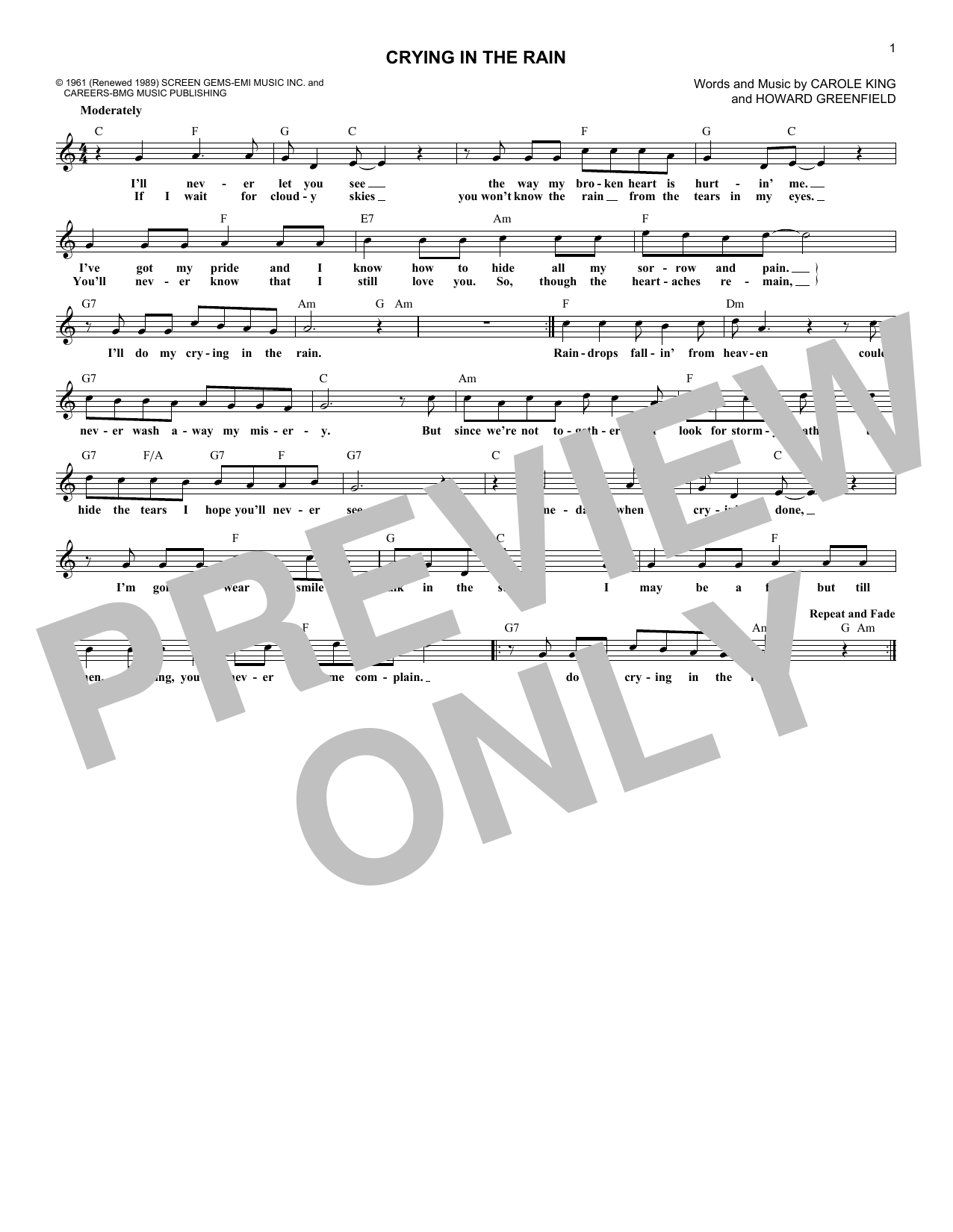 Everly Brothers Crying In The Rain sheet music notes and chords arranged for Lead Sheet / Fake Book