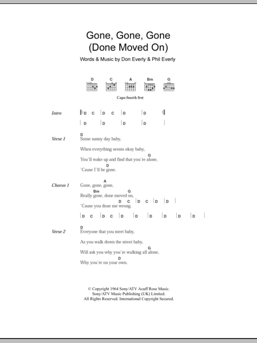The Everly Brothers Gone, Gone, Gone (Done Moved On) sheet music notes and chords arranged for Guitar Chords/Lyrics