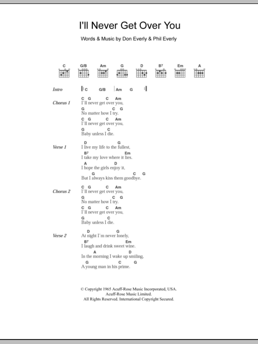 The Everly Brothers I'll Never Get Over You sheet music notes and chords arranged for Guitar Chords/Lyrics