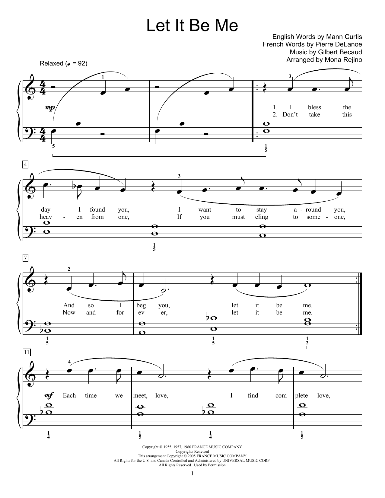 Everly Brothers Let It Be Me (Je T'appartiens) (arr. Mona Rejino) sheet music notes and chords arranged for Educational Piano