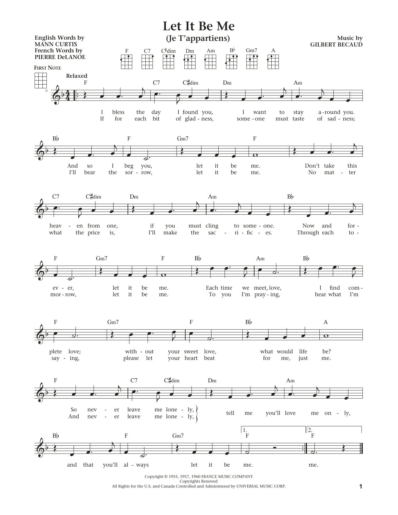 Everly Brothers Let It Be Me (Je T'appartiens) (from The Daily Ukulele) (arr. Liz and Jim Beloff) sheet music notes and chords arranged for Ukulele