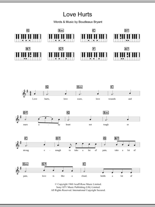 Everly Brothers Love Hurts sheet music notes and chords arranged for Piano Chords/Lyrics