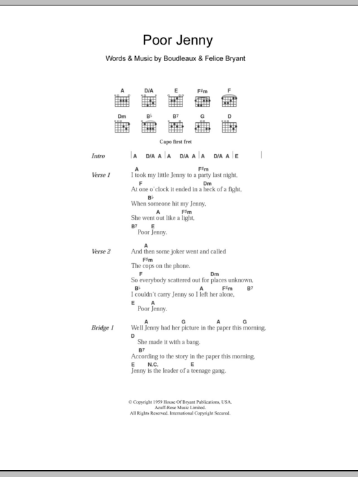 The Everly Brothers Poor Jenny sheet music notes and chords arranged for Guitar Chords/Lyrics