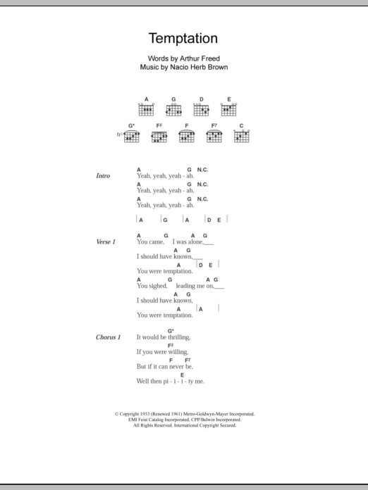 The Everly Brothers Temptation sheet music notes and chords arranged for Guitar Chords/Lyrics