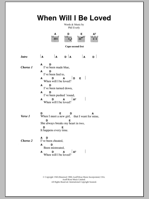 The Everly Brothers When Will I Be Loved? sheet music notes and chords arranged for Guitar Chords/Lyrics