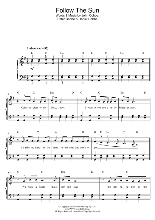 Evermore Follow The Sun sheet music notes and chords arranged for Beginner Piano