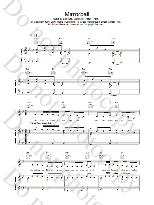 Everything But The Girl Mirrorball sheet music notes and chords arranged for Piano, Vocal & Guitar Chords
