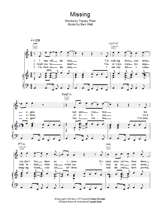 Everything But The Girl Missing sheet music notes and chords arranged for Piano, Vocal & Guitar Chords