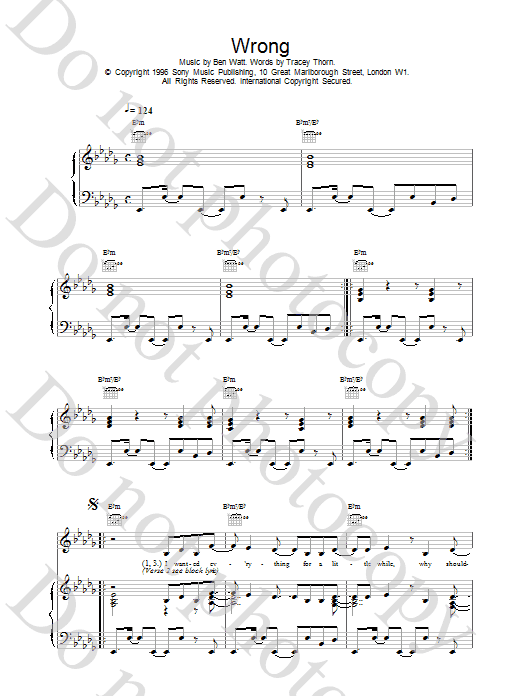 Everything But The Girl Wrong sheet music notes and chords arranged for Piano, Vocal & Guitar Chords