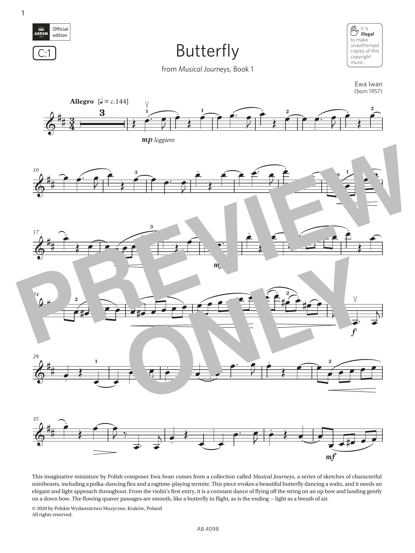 Ewa Iwan Butterfly (Grade 4, C1, from the ABRSM Violin Syllabus from 2024) sheet music notes and chords arranged for Violin Solo