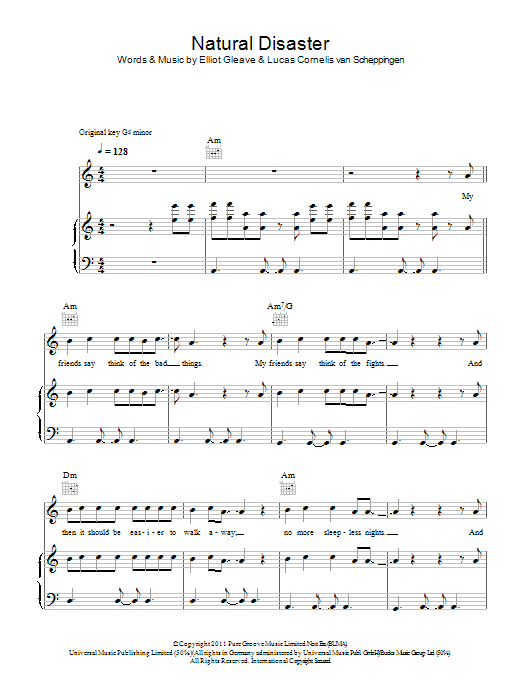 Example featuring Laid Back Luke Natural Disaster sheet music notes and chords arranged for Piano, Vocal & Guitar Chords