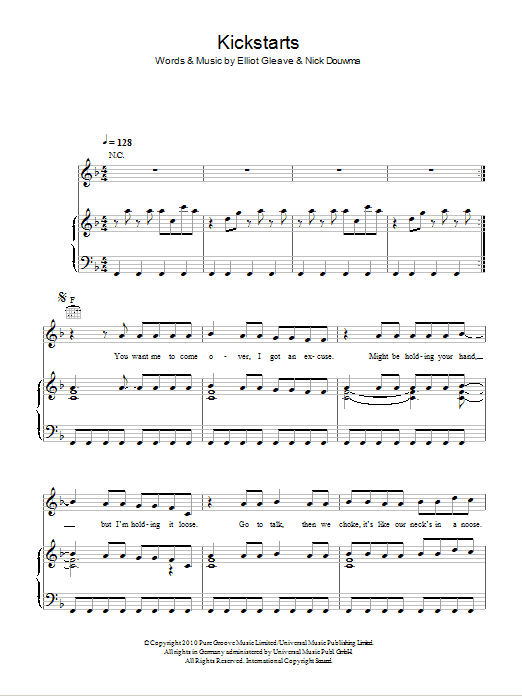 Example Kickstarts sheet music notes and chords arranged for Piano, Vocal & Guitar Chords