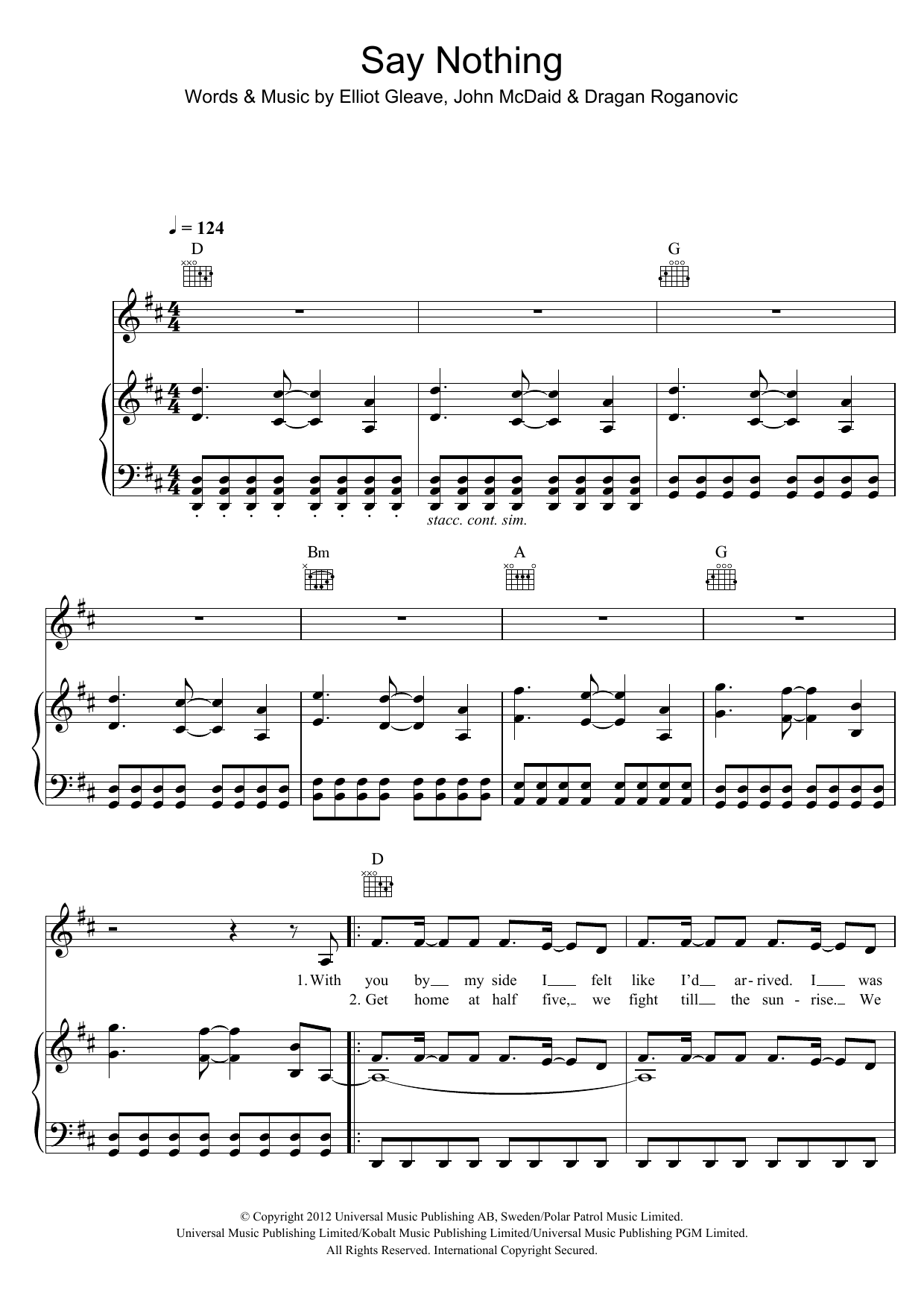 Example Say Nothing sheet music notes and chords arranged for Piano, Vocal & Guitar Chords