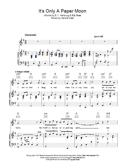 E.Y. Harburg It's Only A Paper Moon sheet music notes and chords arranged for Real Book – Melody, Lyrics & Chords