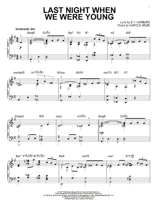 E.Y. Harburg Last Night When We Were Young [Jazz version] (arr. Brent Edstrom) sheet music notes and chords arranged for Piano Solo