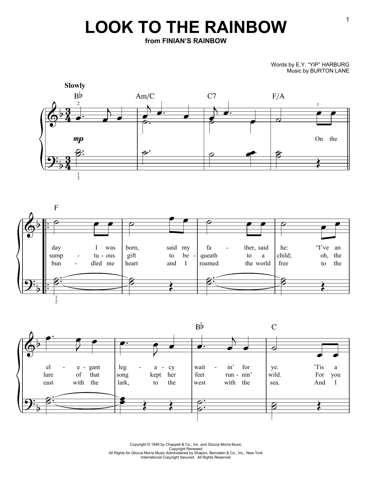 E.Y. Harburg Look To The Rainbow (from Finian's Rainbow) sheet music notes and chords arranged for Very Easy Piano