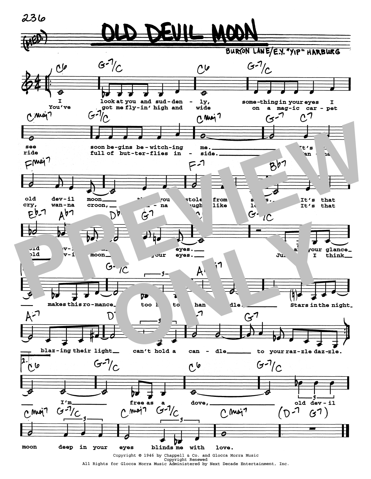 E.Y. Harburg Old Devil Moon (Low Voice) sheet music notes and chords arranged for Real Book – Melody, Lyrics & Chords