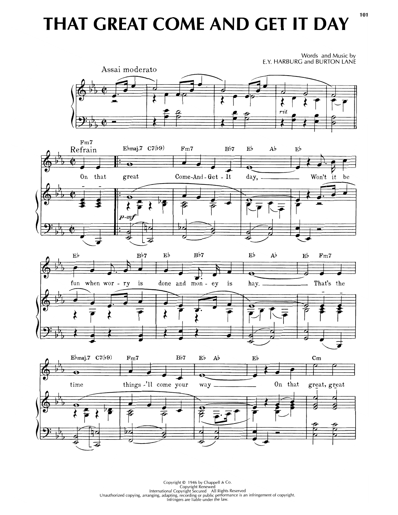 E.Y. Harburg That Great Come-And-Get-It-Day (from Finian's Rainbow) sheet music notes and chords arranged for Piano, Vocal & Guitar Chords (Right-Hand Melody)