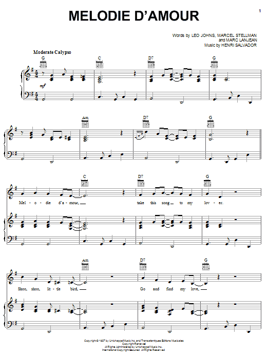 Eydie Gorme Melodie D'Amour sheet music notes and chords arranged for Piano, Vocal & Guitar Chords (Right-Hand Melody)