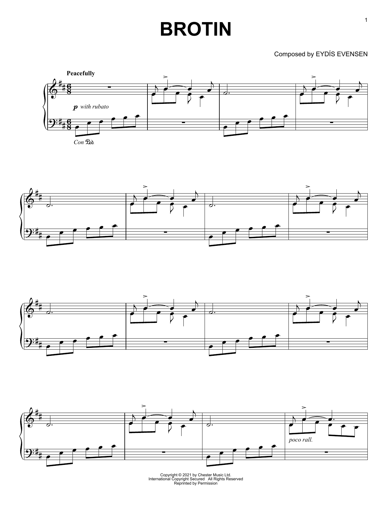 Eydís Evensen Brotin sheet music notes and chords arranged for Piano Solo