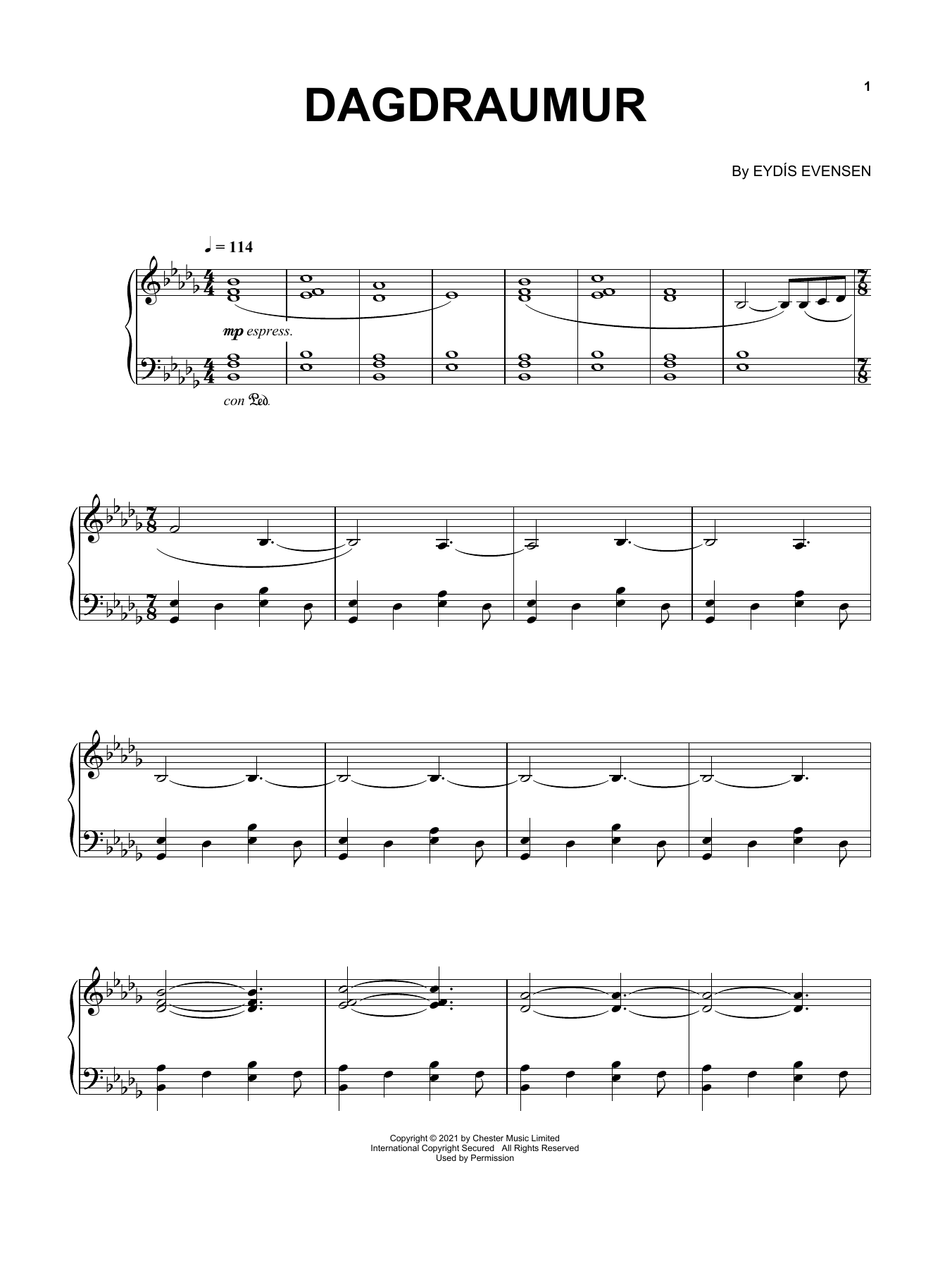 Eydís Evensen Dagdraumur sheet music notes and chords arranged for Piano Solo