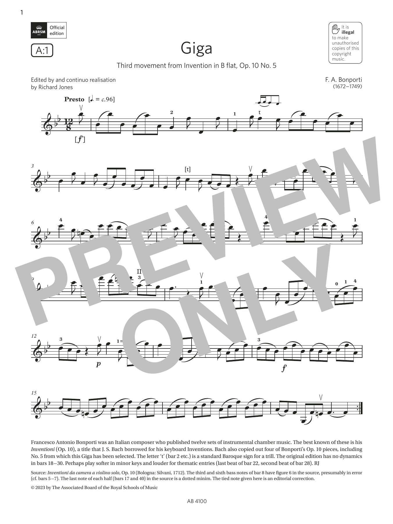 F. A. Bonporti Giga (Grade 6, A1, from the ABRSM Violin Syllabus from 2024) sheet music notes and chords arranged for Violin Solo
