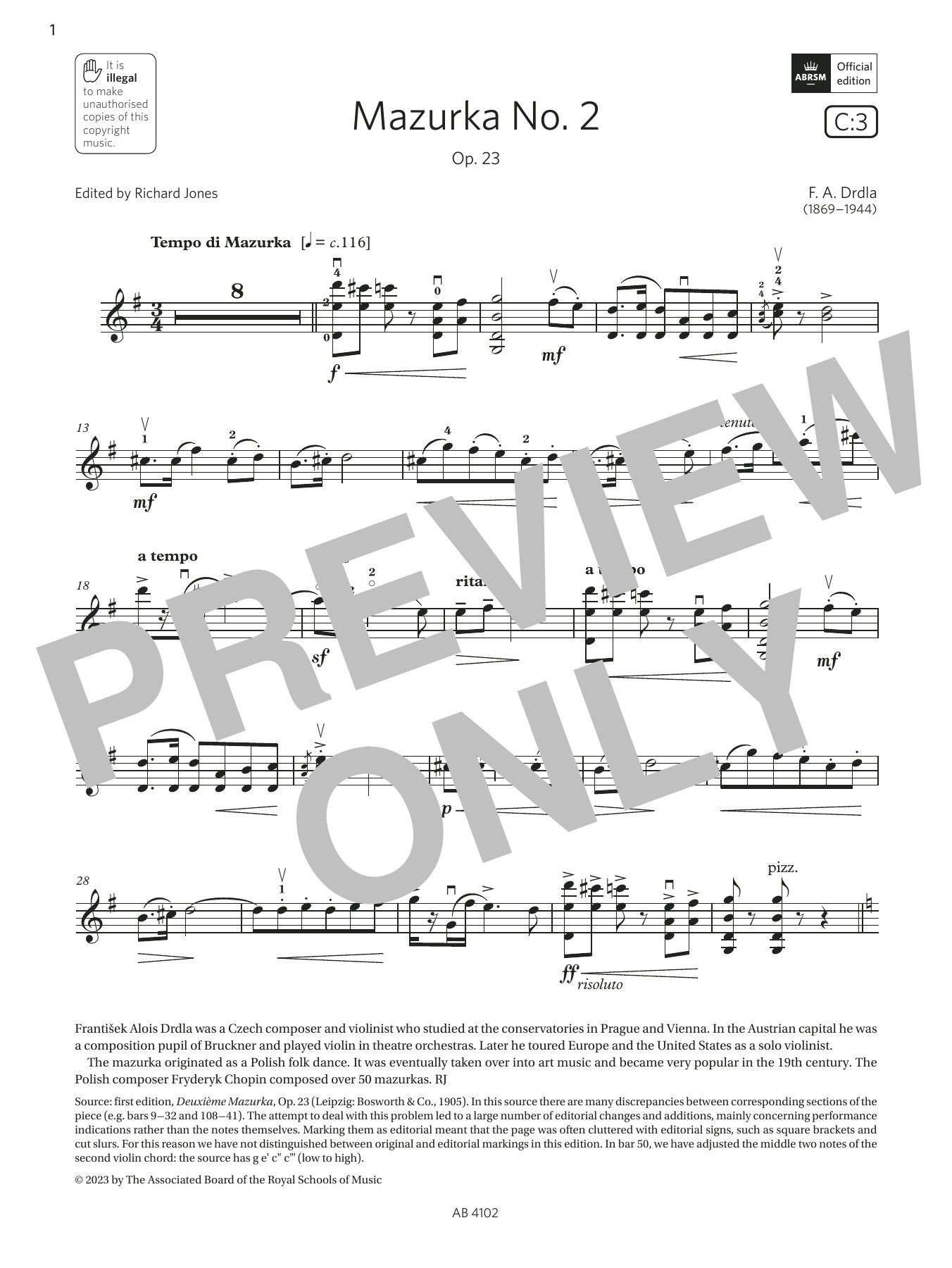 F. A. Drdla Mazurka No. 2 (Grade 8, C3, from the ABRSM Violin Syllabus from 2024) sheet music notes and chords arranged for Violin Solo