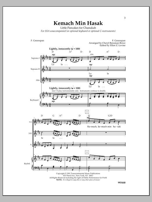 F. Greenspan Kemach Min Hasak sheet music notes and chords arranged for SSA Choir