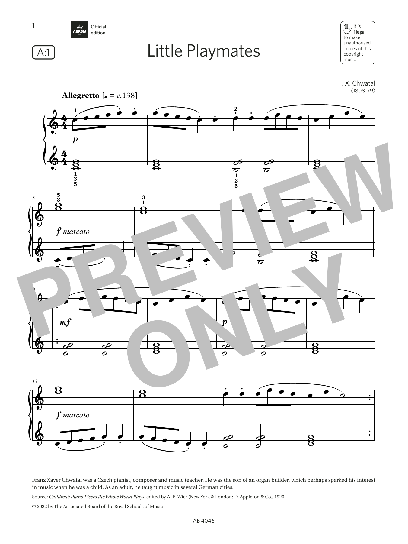 F X Chwatal Little Playmates (Grade Initial, list A1, from the ABRSM Piano Syllabus 2023 & 2024) sheet music notes and chords arranged for Piano Solo