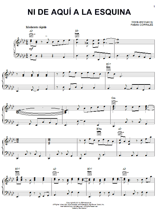 Fabian Corrales Ni de Aquí a La Esquina sheet music notes and chords arranged for Piano, Vocal & Guitar Chords (Right-Hand Melody)