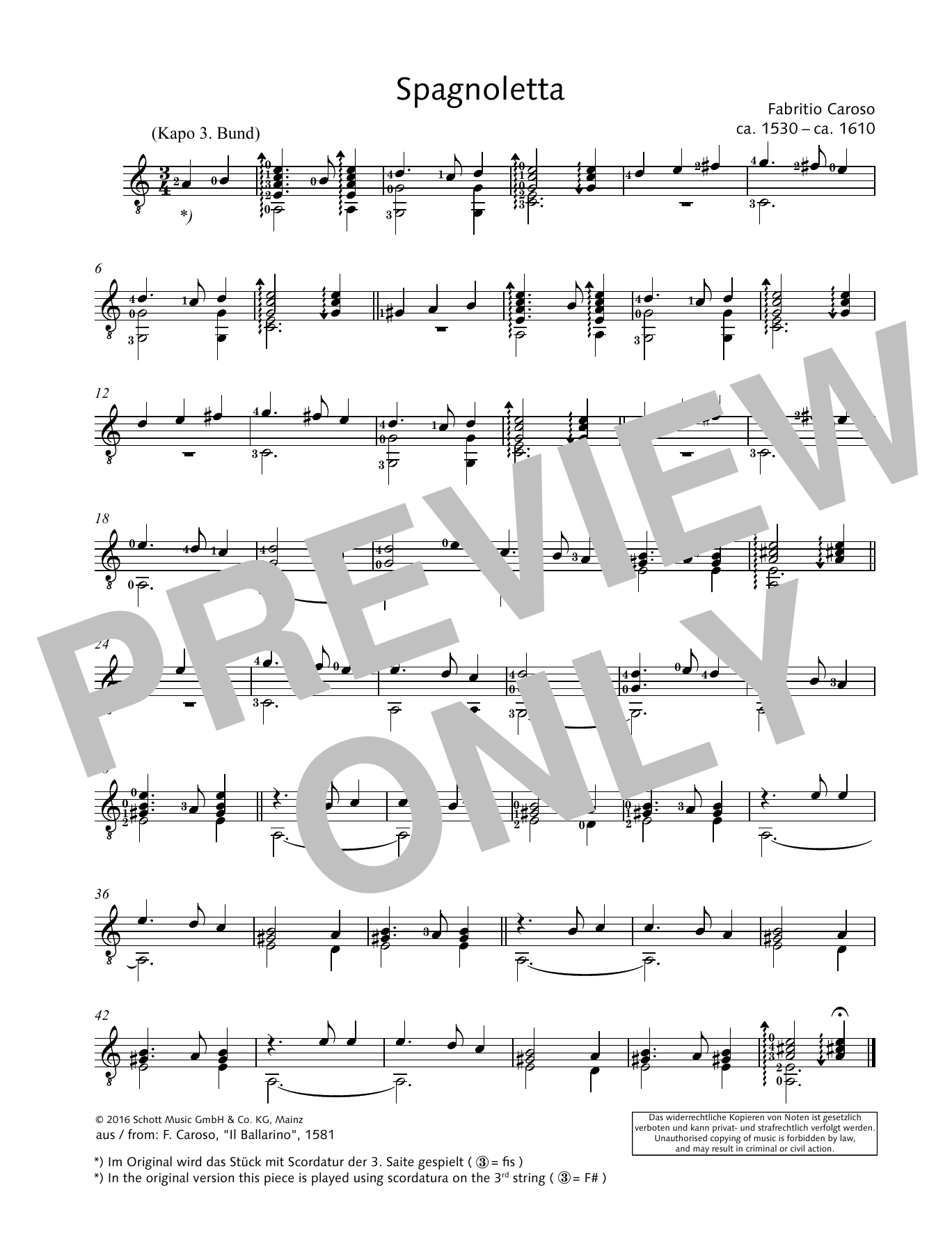 Fabritio Caroso Spagnoletta sheet music notes and chords arranged for Solo Guitar