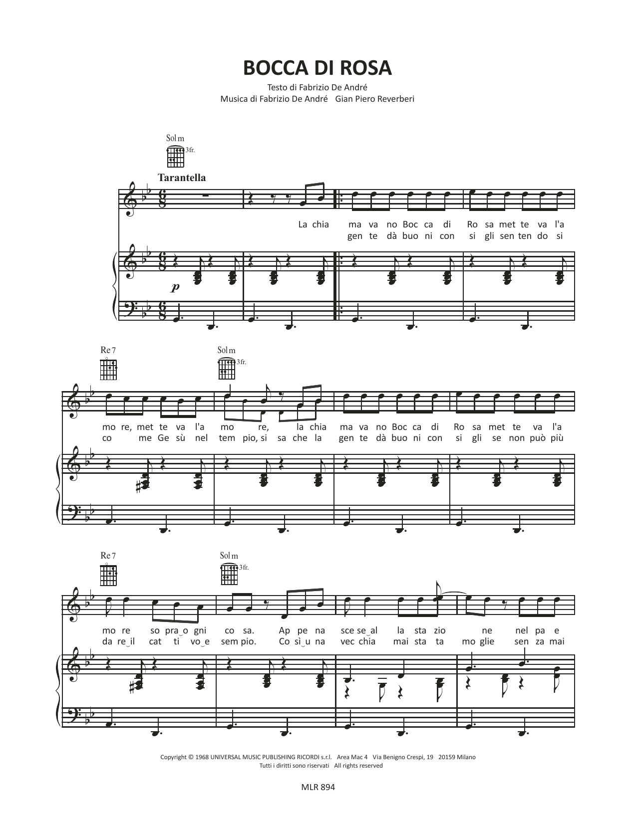 Fabrizio De André Bocca di rosa sheet music notes and chords arranged for Piano & Vocal