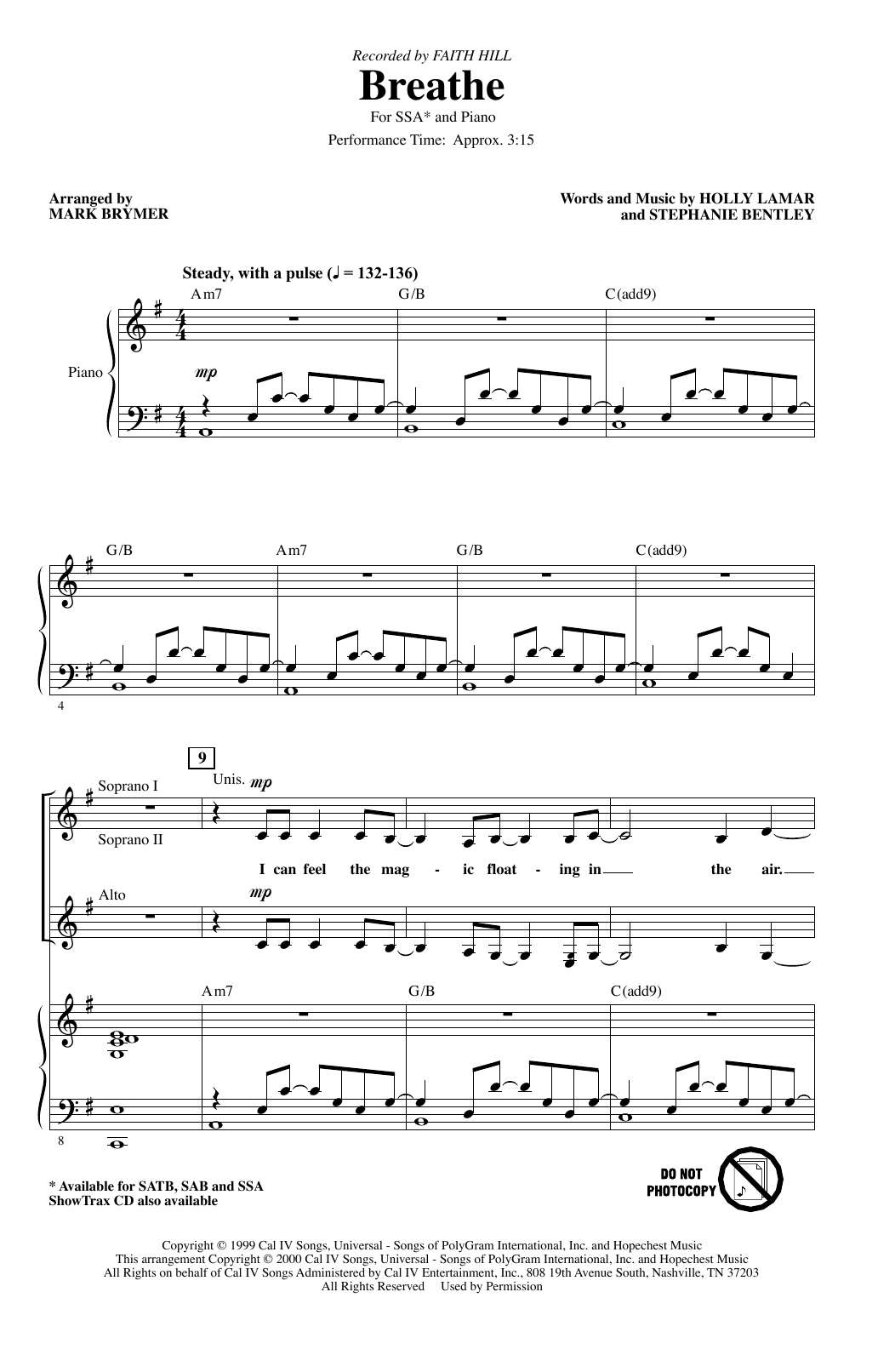 Faith Hill Breathe (arr. Mark Brymer) sheet music notes and chords arranged for SATB Choir